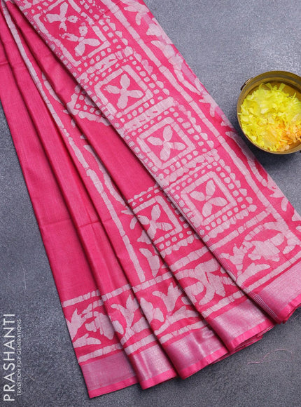 Linen cotton saree pink with allover batik butta prints and silver zari woven border