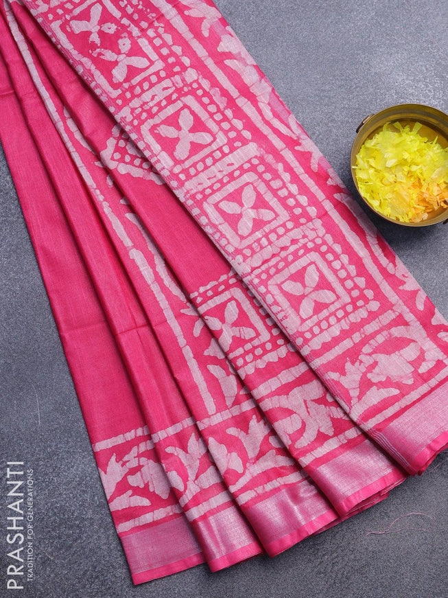 Linen cotton saree pink with allover batik butta prints and silver zari woven border