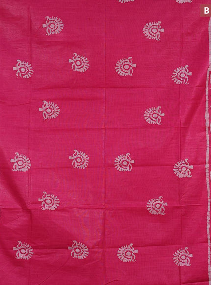 Linen cotton saree pink with allover batik butta prints and silver zari woven border