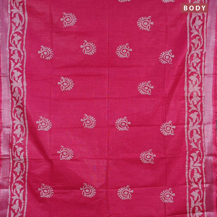 Linen cotton saree pink with allover batik butta prints and silver zari woven border