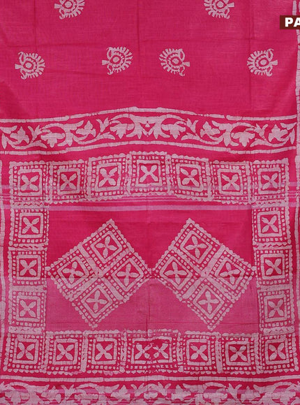 Linen cotton saree pink with allover batik butta prints and silver zari woven border