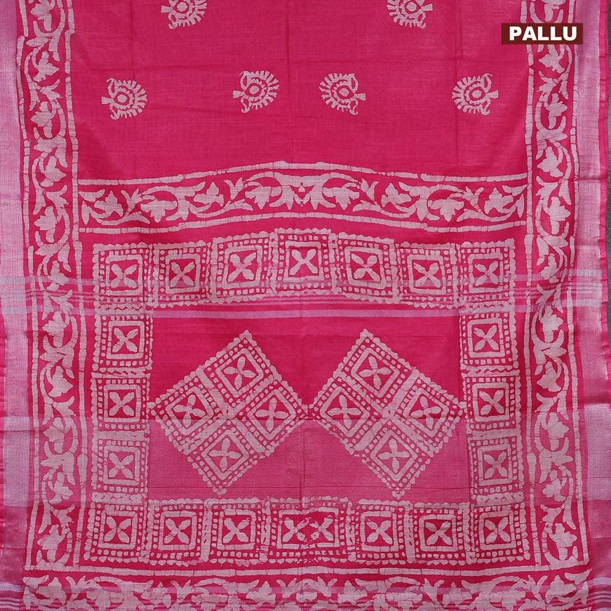 Linen cotton saree pink with allover batik butta prints and silver zari woven border