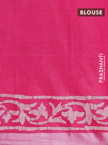 Linen cotton saree pink with allover batik butta prints and silver zari woven border