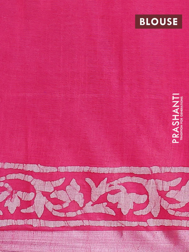 Linen cotton saree pink with allover batik butta prints and silver zari woven border