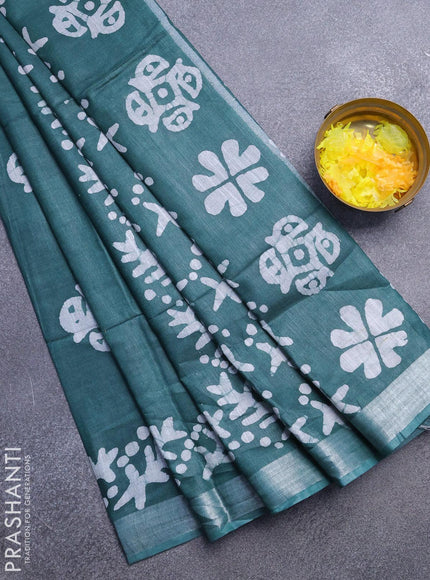 Linen cotton saree green with allover batik butta prints and silver zari woven border