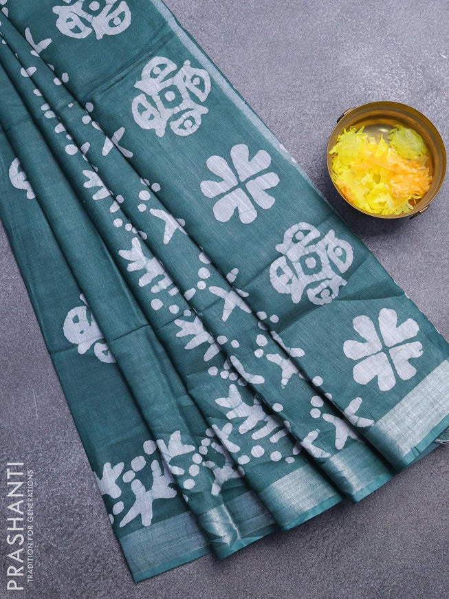 Linen cotton saree green with allover batik butta prints and silver zari woven border