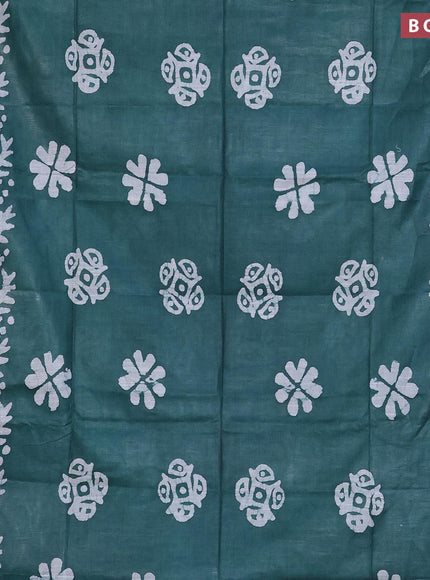 Linen cotton saree green with allover batik butta prints and silver zari woven border