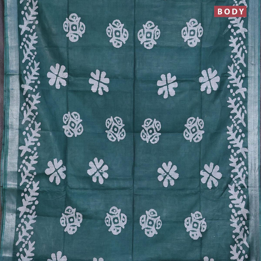 Linen cotton saree green with allover batik butta prints and silver zari woven border