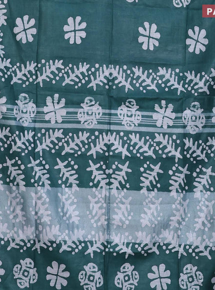 Linen cotton saree green with allover batik butta prints and silver zari woven border