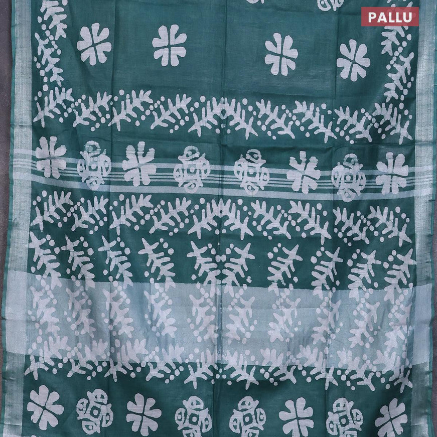 Linen cotton saree green with allover batik butta prints and silver zari woven border