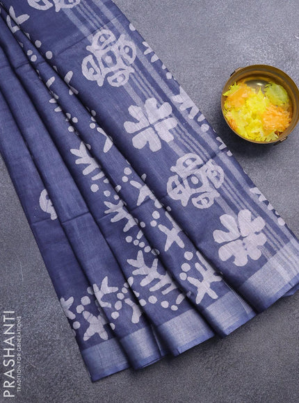 Linen cotton saree grey with allover batik butta prints and silver zari woven border