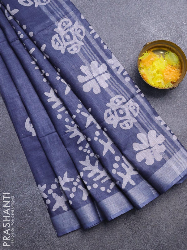 Linen cotton saree grey with allover batik butta prints and silver zari woven border