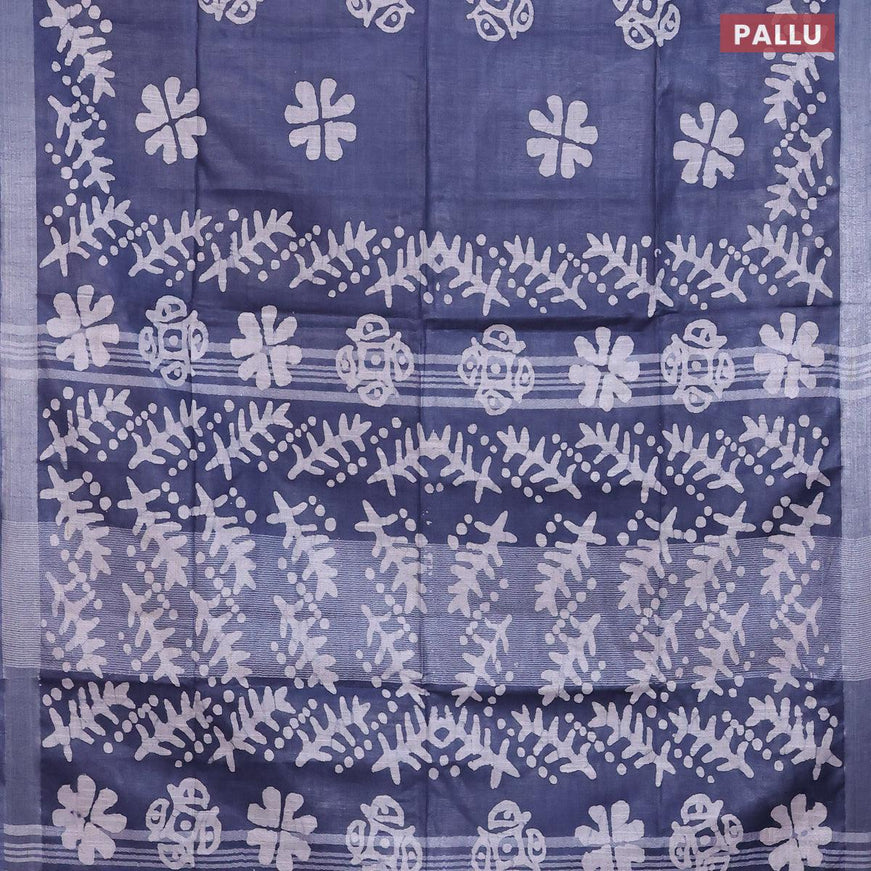 Linen cotton saree grey with allover batik butta prints and silver zari woven border