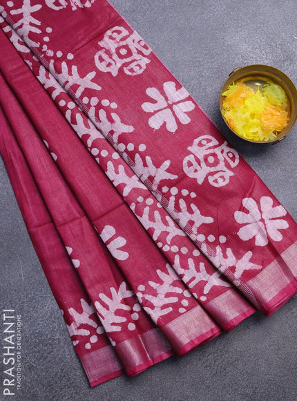 Linen cotton saree maroon shade with allover batik butta prints and silver zari woven border