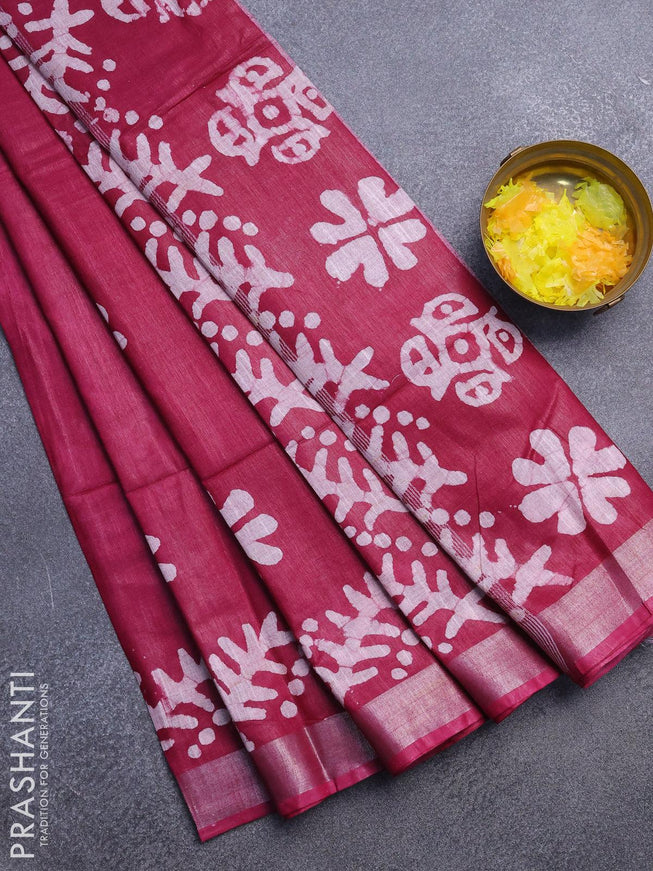 Linen cotton saree maroon shade with allover batik butta prints and silver zari woven border