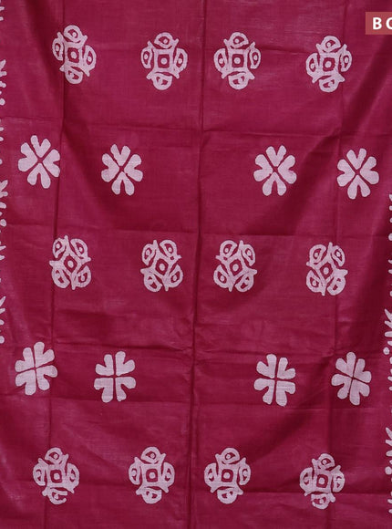 Linen cotton saree maroon shade with allover batik butta prints and silver zari woven border