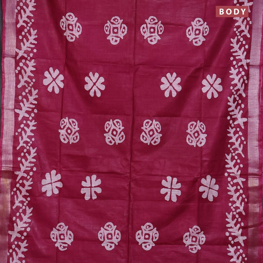 Linen cotton saree maroon shade with allover batik butta prints and silver zari woven border