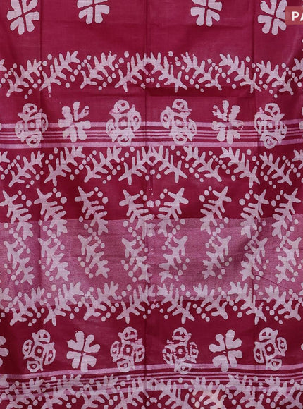 Linen cotton saree maroon shade with allover batik butta prints and silver zari woven border