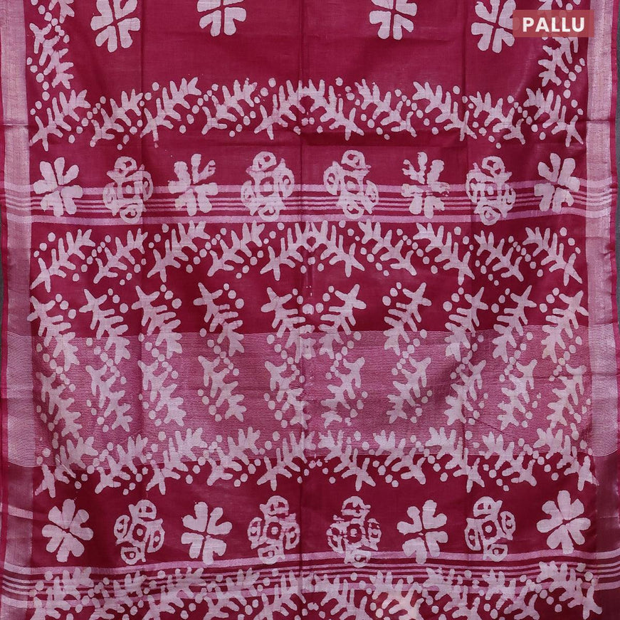 Linen cotton saree maroon shade with allover batik butta prints and silver zari woven border