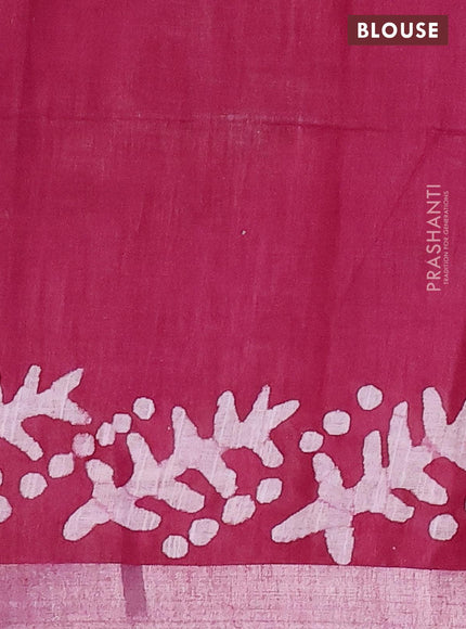 Linen cotton saree maroon shade with allover batik butta prints and silver zari woven border