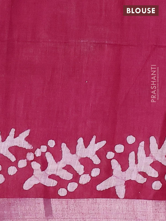 Linen cotton saree maroon shade with allover batik butta prints and silver zari woven border