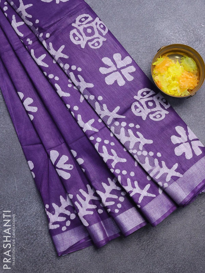 Linen cotton saree violet with allover batik butta prints and silver zari woven border