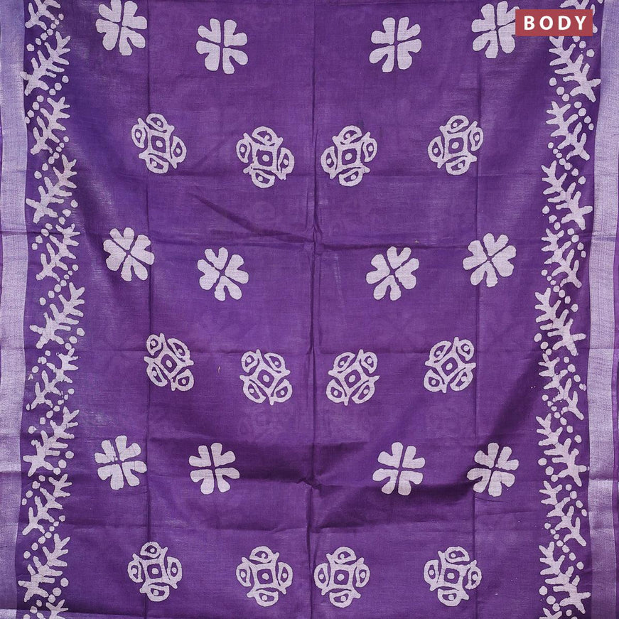 Linen cotton saree violet with allover batik butta prints and silver zari woven border