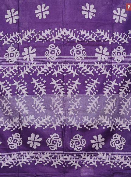 Linen cotton saree violet with allover batik butta prints and silver zari woven border