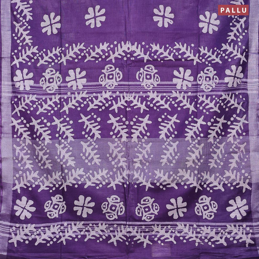 Linen cotton saree violet with allover batik butta prints and silver zari woven border