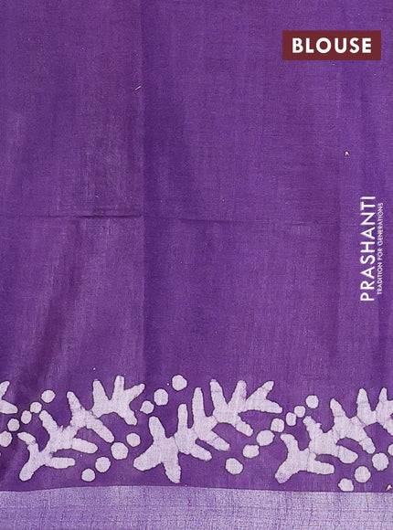 Linen cotton saree violet with allover batik butta prints and silver zari woven border