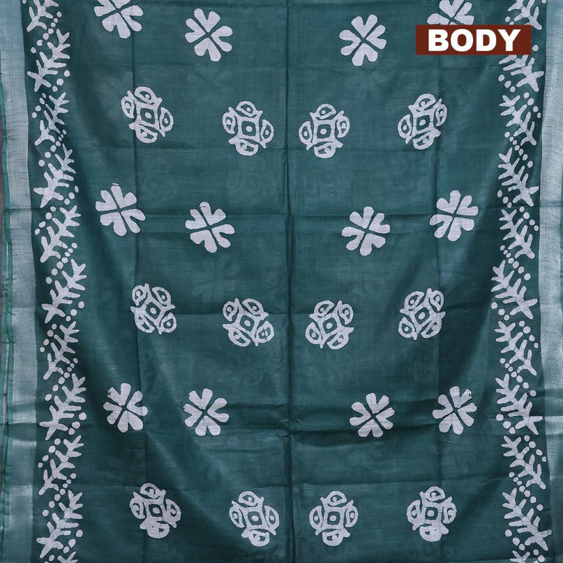 Linen cotton saree dark green with allover batik butta prints and silver zari woven border