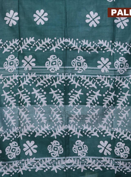 Linen cotton saree dark green with allover batik butta prints and silver zari woven border