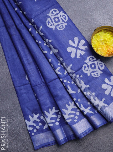 Linen cotton saree blue with allover batik butta prints and silver zari woven border