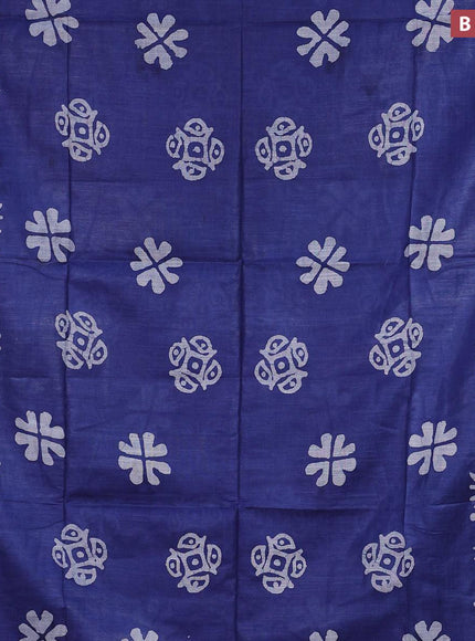 Linen cotton saree blue with allover batik butta prints and silver zari woven border