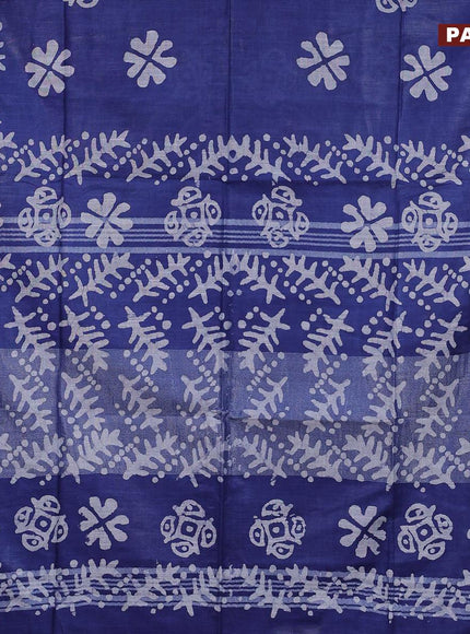 Linen cotton saree blue with allover batik butta prints and silver zari woven border