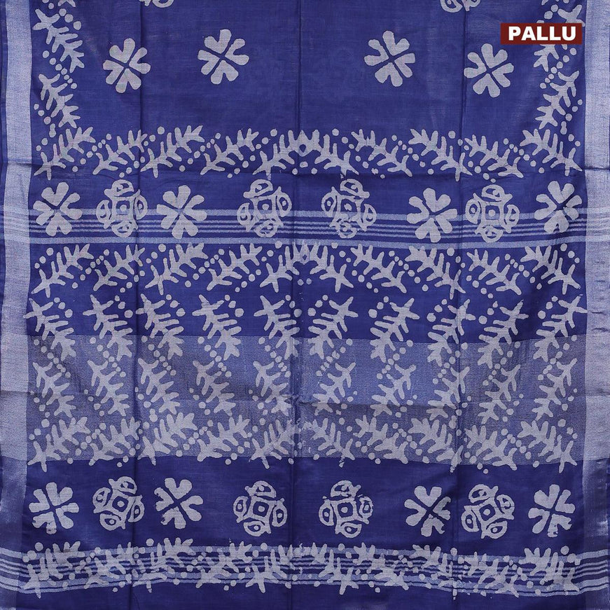 Linen cotton saree blue with allover batik butta prints and silver zari woven border