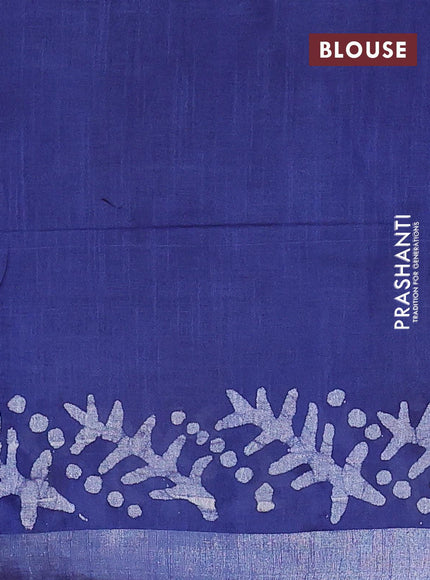 Linen cotton saree blue with allover batik butta prints and silver zari woven border