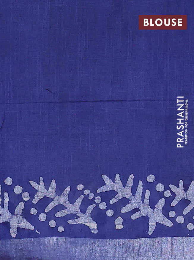 Linen cotton saree blue with allover batik butta prints and silver zari woven border