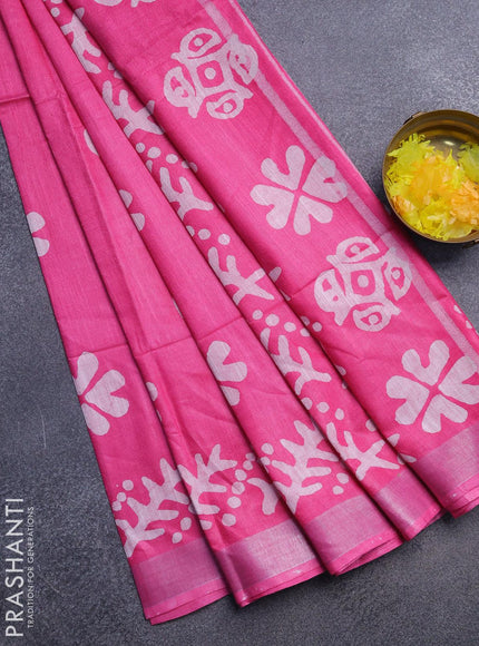 Linen cotton saree pink with allover batik butta prints and silver zari woven border