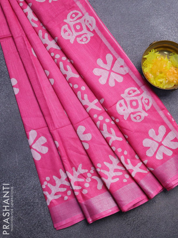 Linen cotton saree pink with allover batik butta prints and silver zari woven border