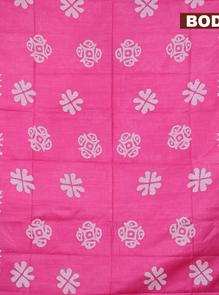 Linen cotton saree pink with allover batik butta prints and silver zari woven border