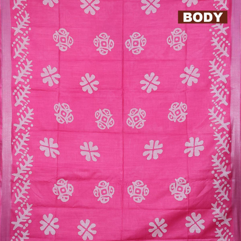 Linen cotton saree pink with allover batik butta prints and silver zari woven border