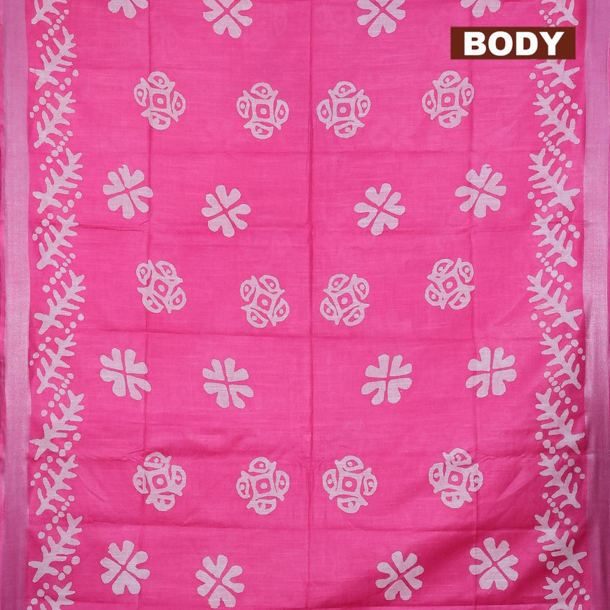 Linen cotton saree pink with allover batik butta prints and silver zari woven border