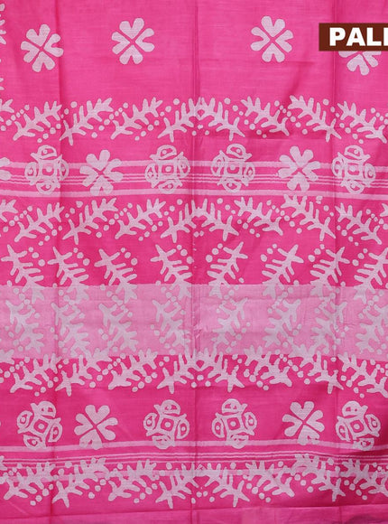 Linen cotton saree pink with allover batik butta prints and silver zari woven border