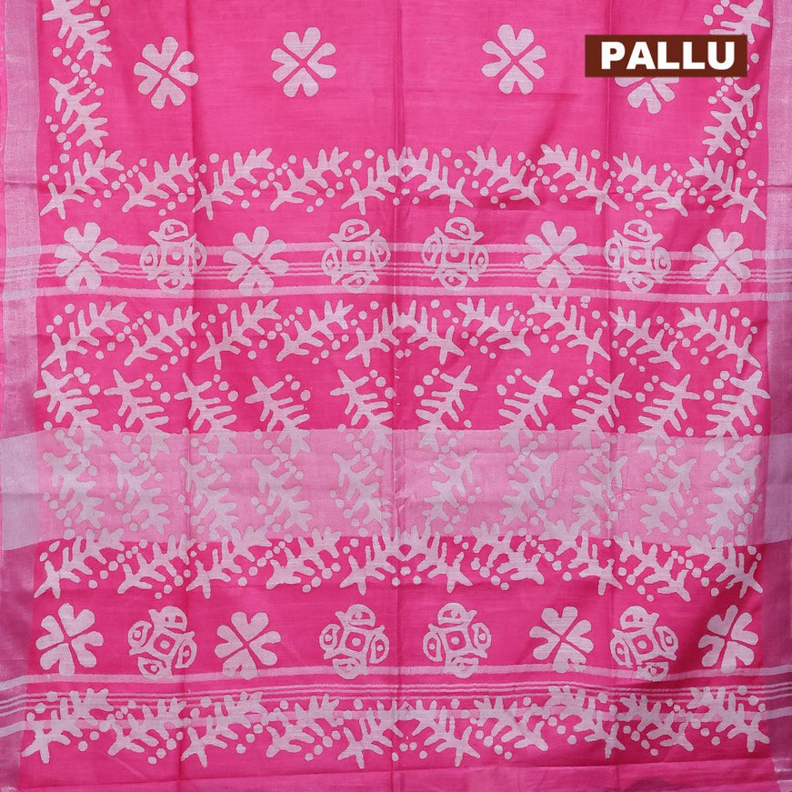 Linen cotton saree pink with allover batik butta prints and silver zari woven border