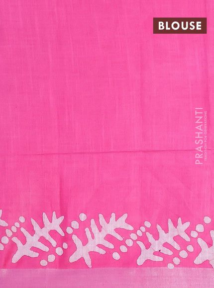 Linen cotton saree pink with allover batik butta prints and silver zari woven border