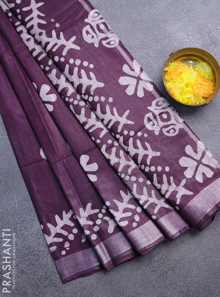 Linen cotton saree wine shade with allover batik butta prints and silver zari woven border