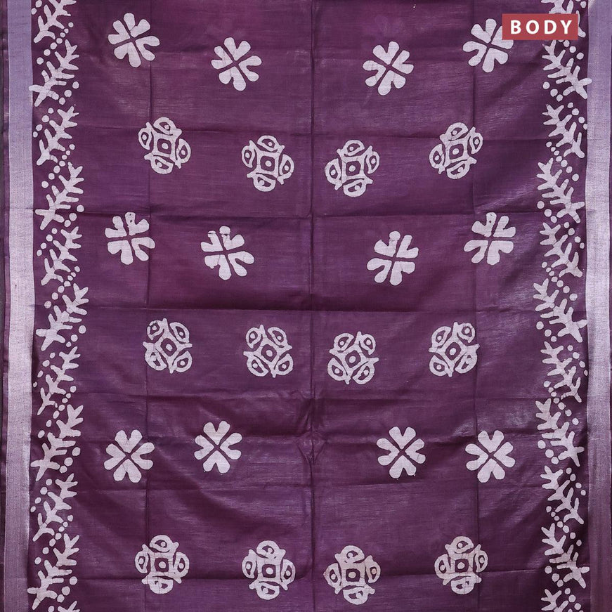 Linen cotton saree wine shade with allover batik butta prints and silver zari woven border