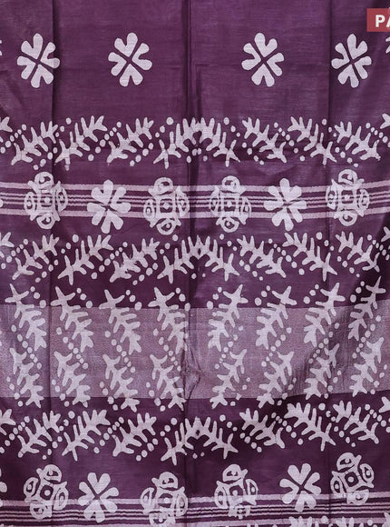 Linen cotton saree wine shade with allover batik butta prints and silver zari woven border