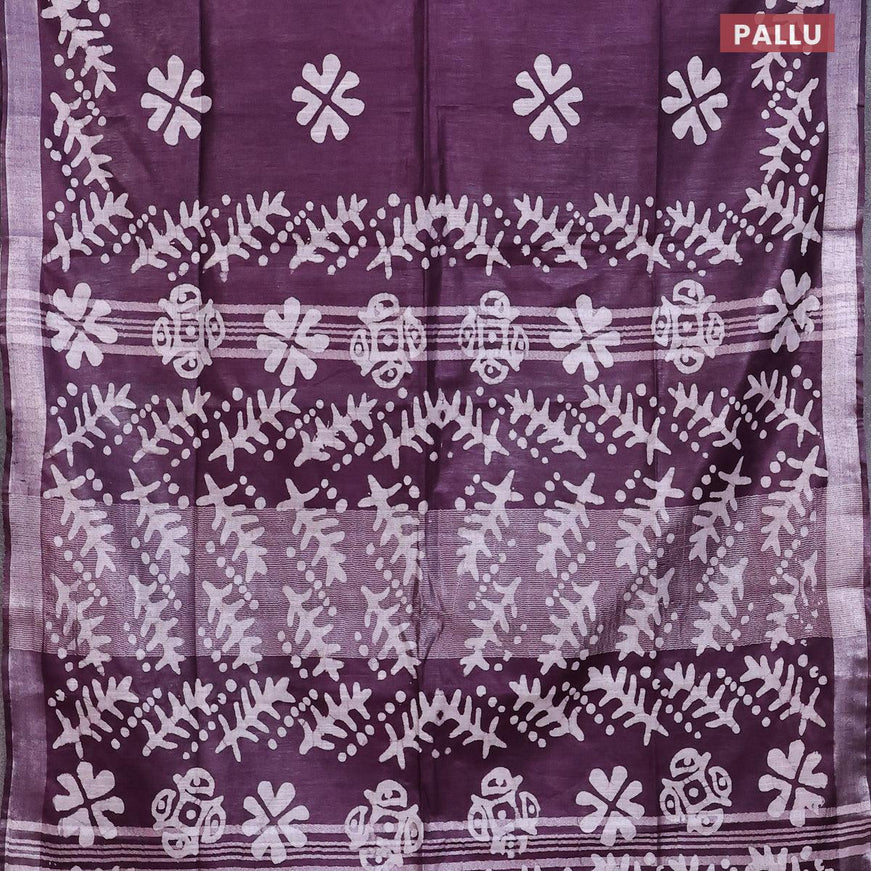 Linen cotton saree wine shade with allover batik butta prints and silver zari woven border